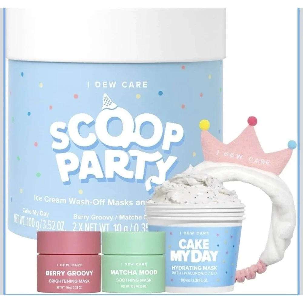 I Dew Care Wash Off Face Mask Set Scoop Party 3 masks and headband NEW